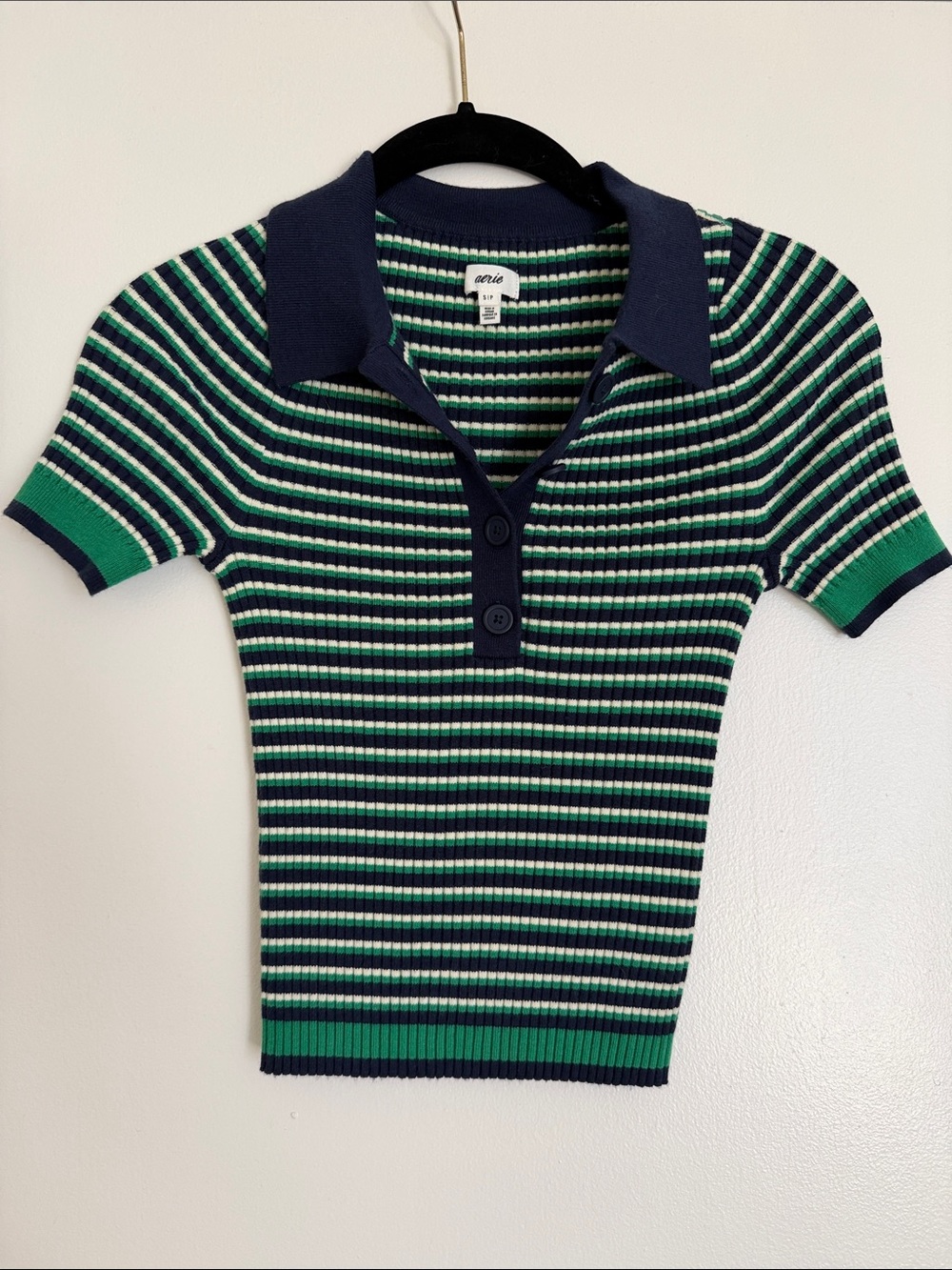 aerie Navy, Green & White Striped Ribbed Polo